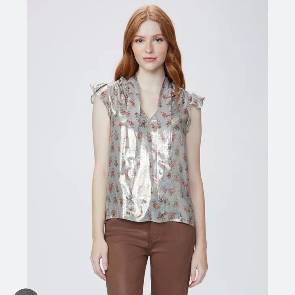 Paige Black Label Bette Metallic Silk Blend Blouse In Felt Blue Multi Size M